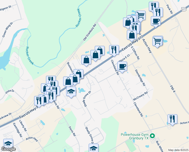 map of restaurants, bars, coffee shops, grocery stores, and more near 113 Granbury Court in Granbury