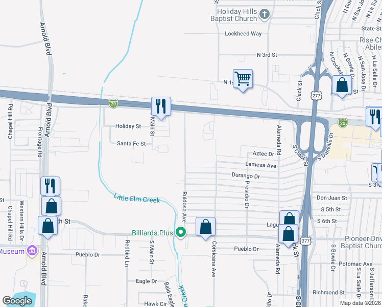 map of restaurants, bars, coffee shops, grocery stores, and more near 279 Ruidosa Avenue in Abilene
