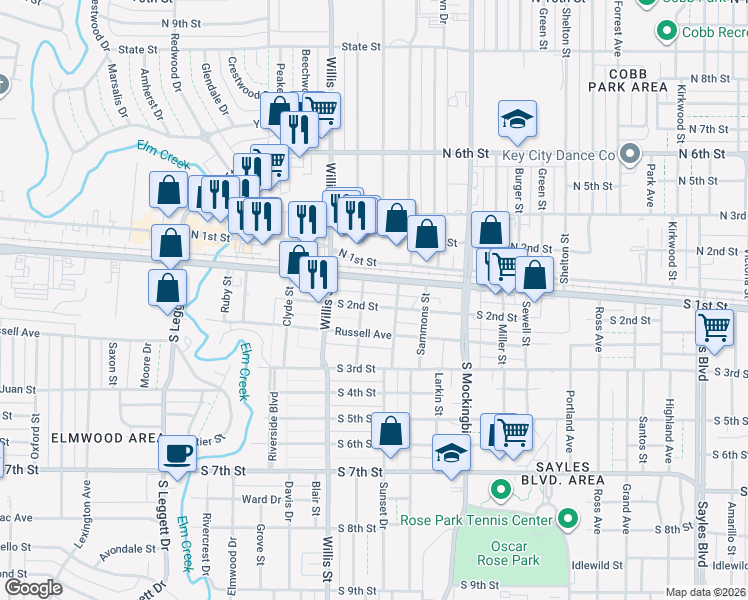 map of restaurants, bars, coffee shops, grocery stores, and more near 3129 South 2nd Street in Abilene