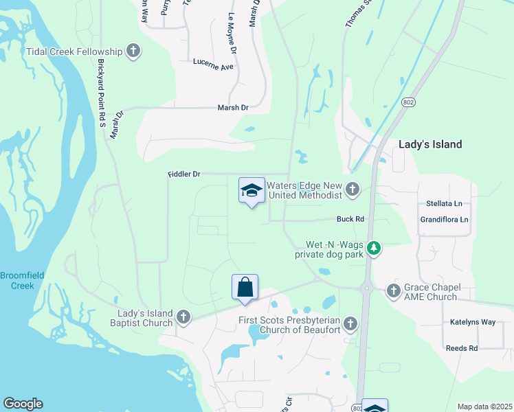 map of restaurants, bars, coffee shops, grocery stores, and more near 45 Middle Road in Beaufort