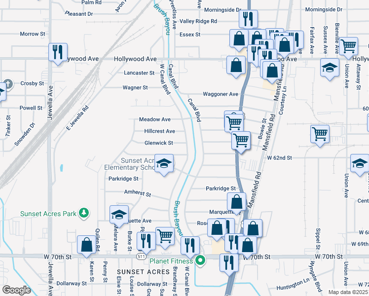 map of restaurants, bars, coffee shops, grocery stores, and more near 6306 West Canal Boulevard in Shreveport