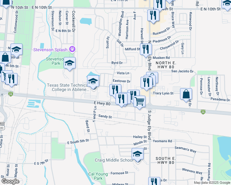 map of restaurants, bars, coffee shops, grocery stores, and more near 233 Washington Boulevard in Abilene