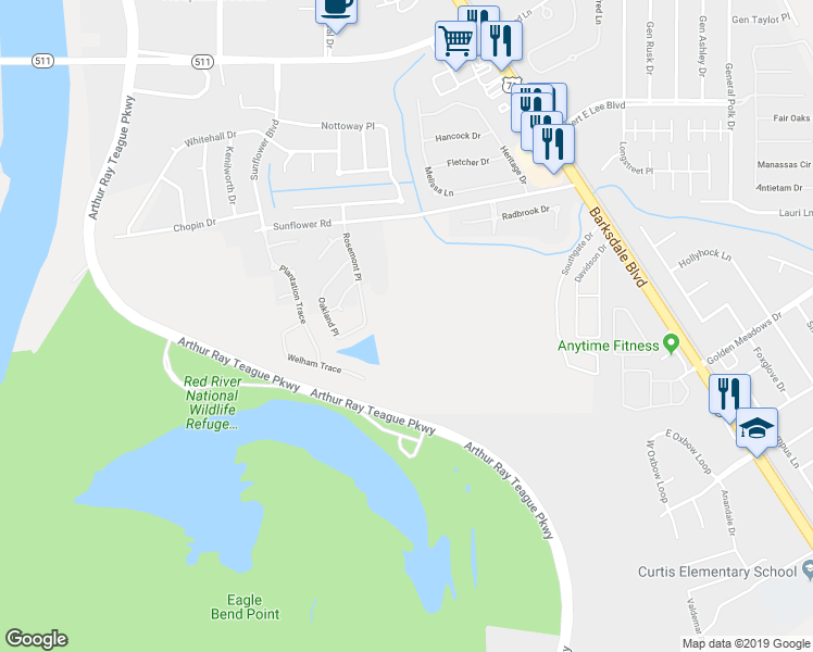 map of restaurants, bars, coffee shops, grocery stores, and more near 327 Sunflower Road in Bossier City