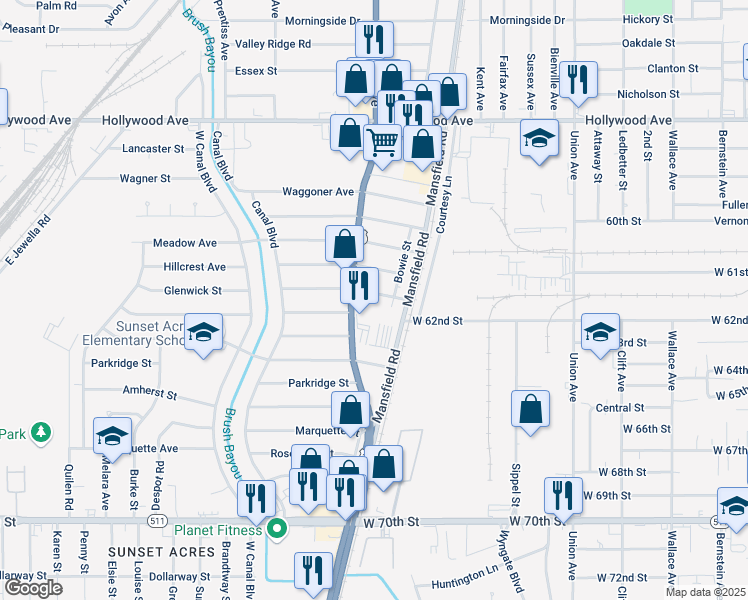 map of restaurants, bars, coffee shops, grocery stores, and more near 2625 Hillcrest Avenue in Shreveport