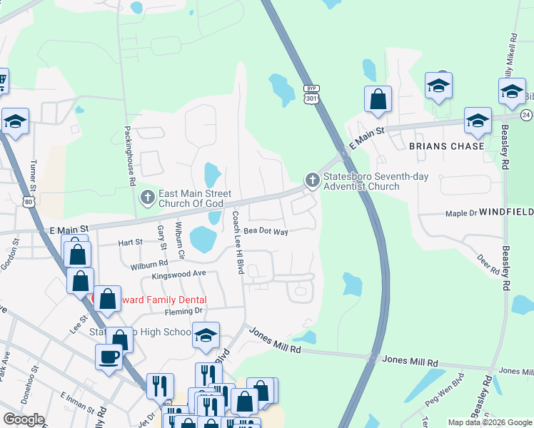map of restaurants, bars, coffee shops, grocery stores, and more near 510 East Main Street in Statesboro