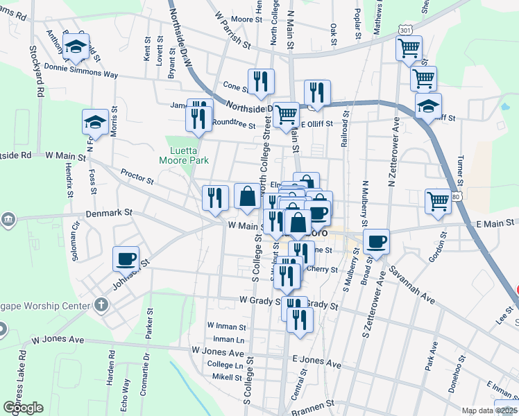 map of restaurants, bars, coffee shops, grocery stores, and more near in Statesboro