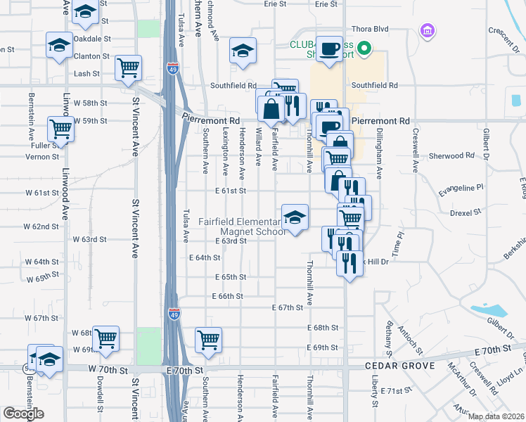 map of restaurants, bars, coffee shops, grocery stores, and more near 6117 Willard Avenue in Shreveport