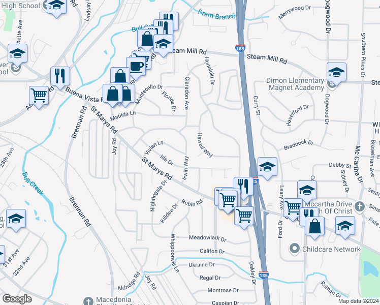 map of restaurants, bars, coffee shops, grocery stores, and more near 3639 Irwin Way in Columbus
