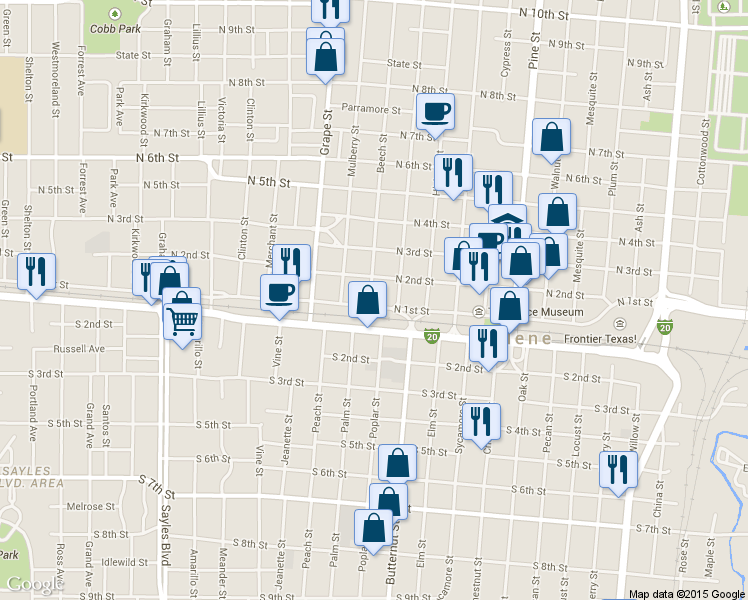 map of restaurants, bars, coffee shops, grocery stores, and more near 1482 N 1st St in Abilene