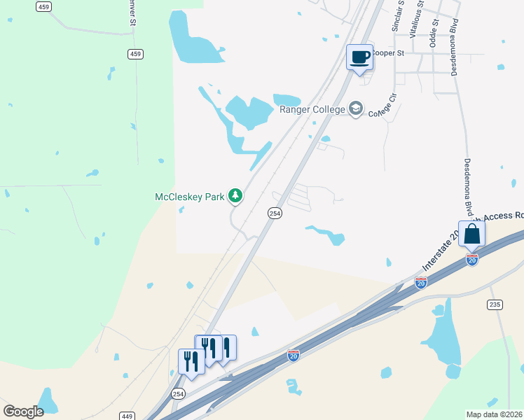 map of restaurants, bars, coffee shops, grocery stores, and more near Texas 254 Loop in Ranger