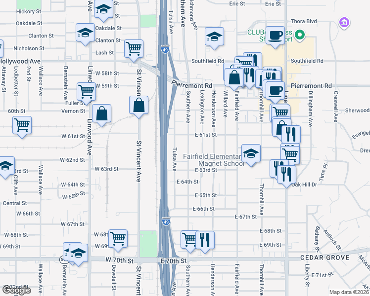 map of restaurants, bars, coffee shops, grocery stores, and more near 6130 Southern Avenue in Shreveport