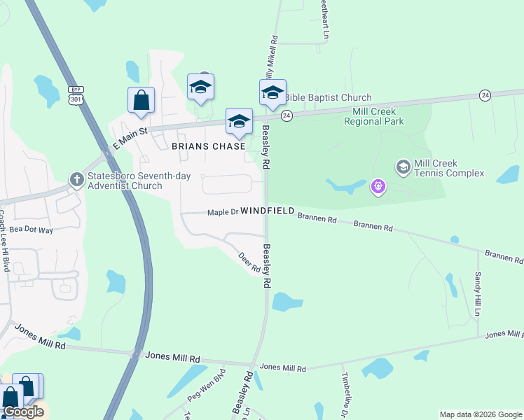 map of restaurants, bars, coffee shops, grocery stores, and more near 103 Maple Drive in Statesboro