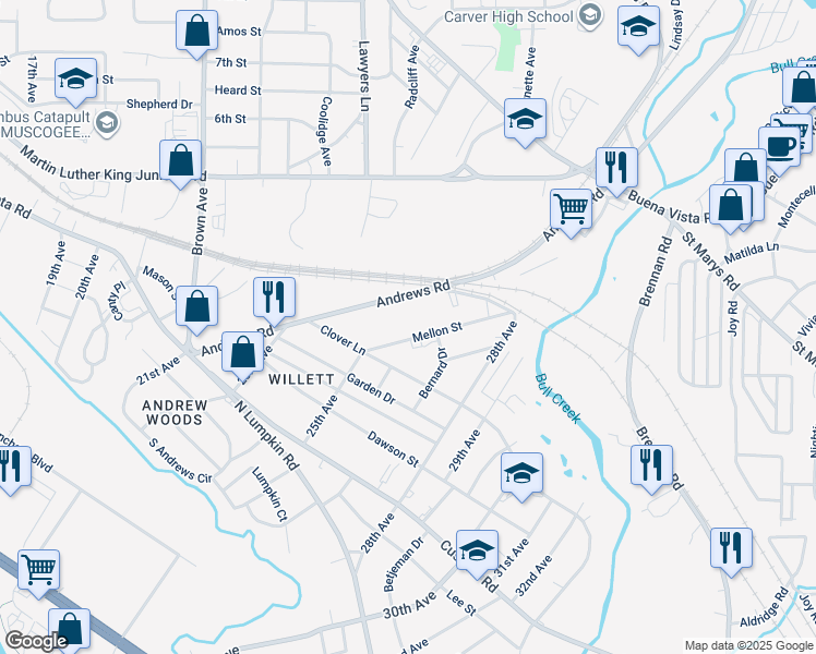 map of restaurants, bars, coffee shops, grocery stores, and more near 430 Mellon Street in Columbus