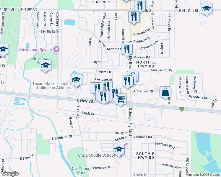map of restaurants, bars, coffee shops, grocery stores, and more near 840 East Highway 80 in Abilene