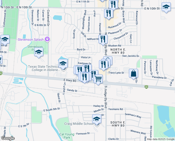 map of restaurants, bars, coffee shops, grocery stores, and more near 840 East Highway 80 in Abilene