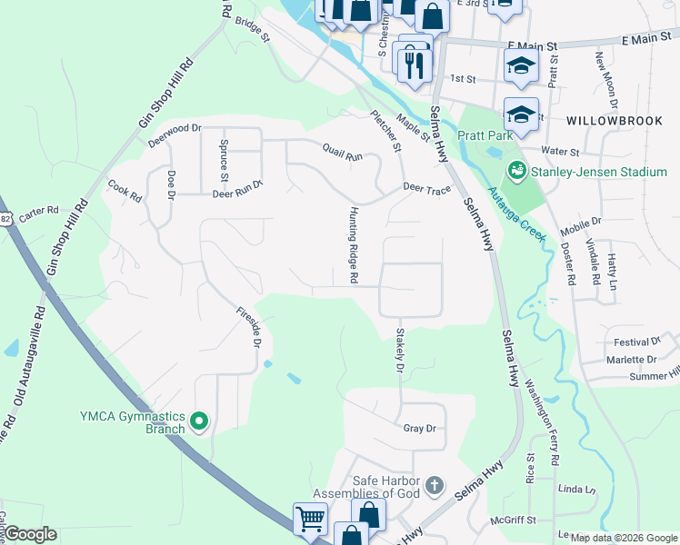 map of restaurants, bars, coffee shops, grocery stores, and more near 207 Winchester Way in Prattville