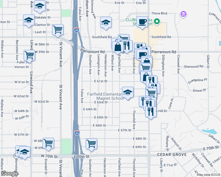 map of restaurants, bars, coffee shops, grocery stores, and more near 6128 Willard Avenue in Shreveport