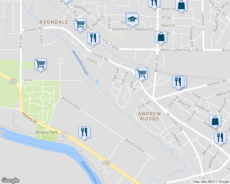 map of restaurants, bars, coffee shops, grocery stores, and more near 201 20th Avenue in Columbus