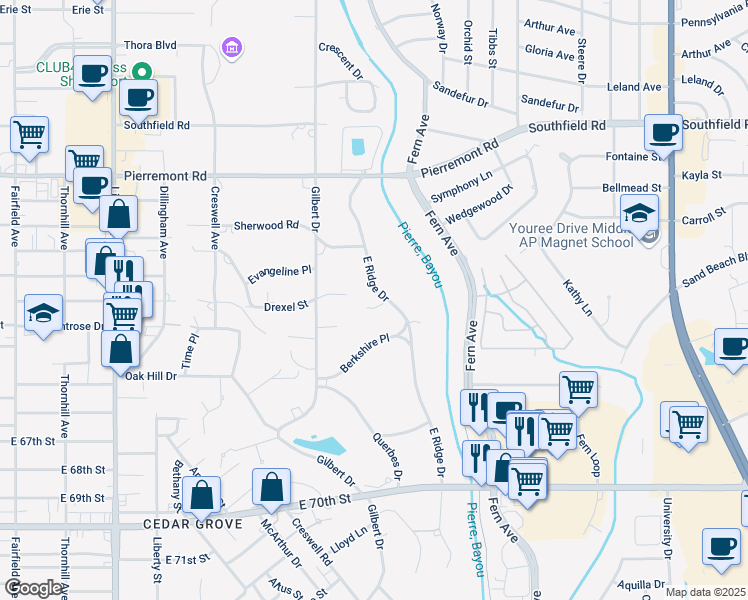 map of restaurants, bars, coffee shops, grocery stores, and more near 341 Waldomar Lane in Shreveport