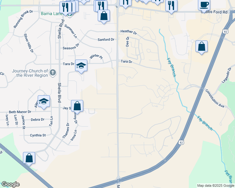 map of restaurants, bars, coffee shops, grocery stores, and more near 973 McQueen Smith Road South in Prattville