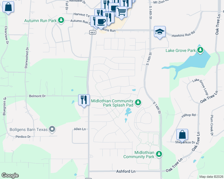 map of restaurants, bars, coffee shops, grocery stores, and more near 230 Double Creek Drive in Midlothian