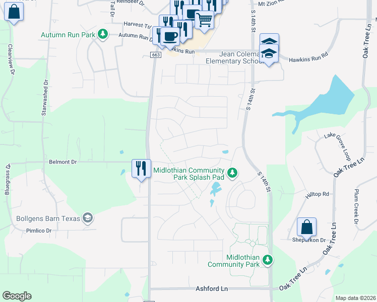 map of restaurants, bars, coffee shops, grocery stores, and more near 229 Belmont Drive in Midlothian