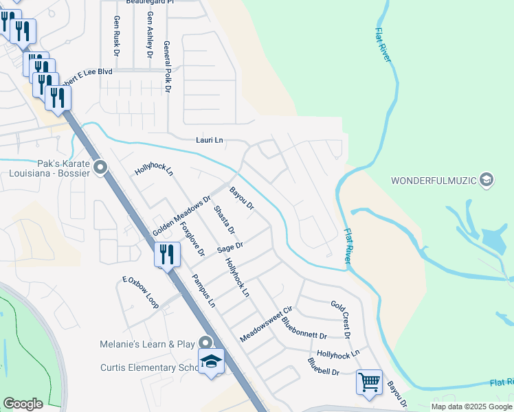 map of restaurants, bars, coffee shops, grocery stores, and more near 5415 Bayou Drive in Bossier City