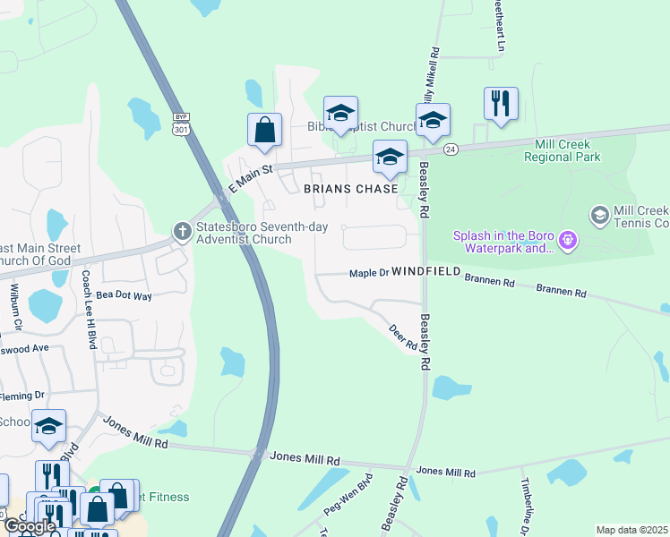 map of restaurants, bars, coffee shops, grocery stores, and more near 821 Maple Drive in Statesboro