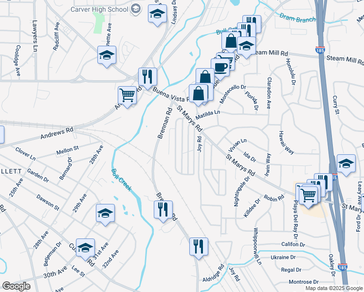 map of restaurants, bars, coffee shops, grocery stores, and more near 3400 Saint Marys Road in Columbus