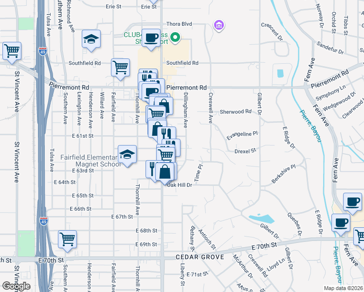 map of restaurants, bars, coffee shops, grocery stores, and more near 6104 Dillingham Avenue in Shreveport
