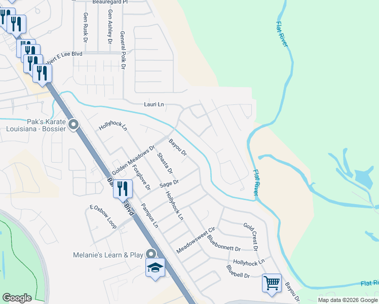 map of restaurants, bars, coffee shops, grocery stores, and more near 5409 Bayou Drive in Bossier City