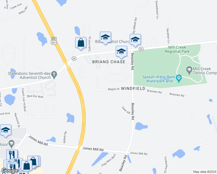 map of restaurants, bars, coffee shops, grocery stores, and more near 817 Maple Drive in Statesboro