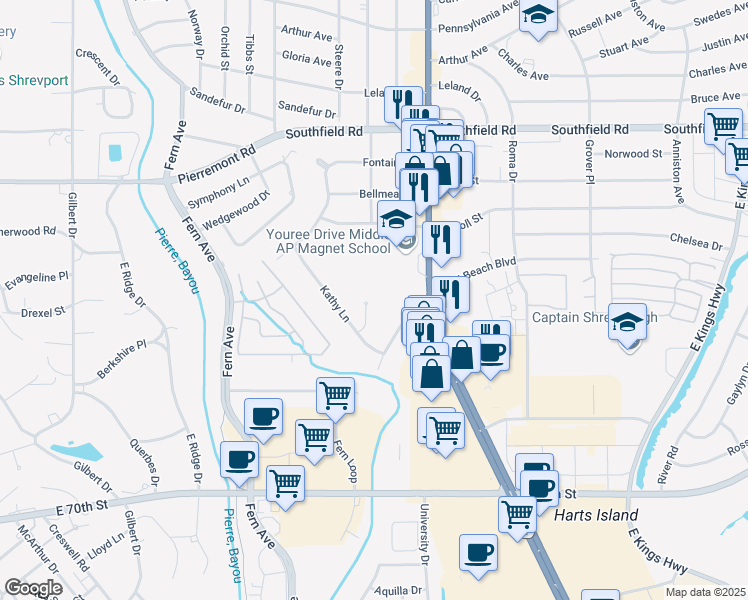 map of restaurants, bars, coffee shops, grocery stores, and more near 6207 Kathy Circle in Shreveport