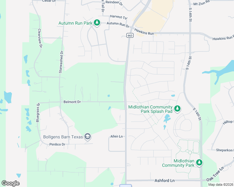 map of restaurants, bars, coffee shops, grocery stores, and more near 3051 Farm to Market Road 663 in Midlothian