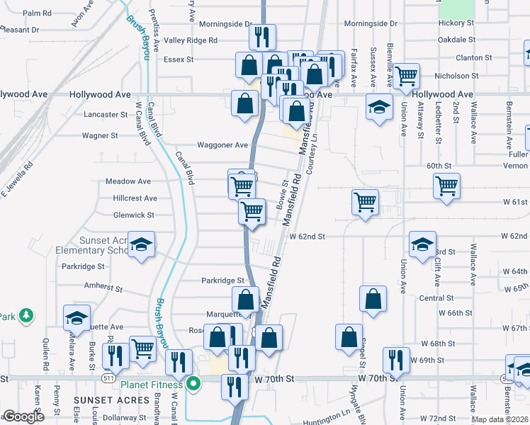 map of restaurants, bars, coffee shops, grocery stores, and more near 2626 Hillcrest Avenue in Shreveport