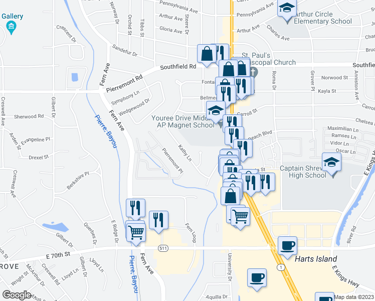 map of restaurants, bars, coffee shops, grocery stores, and more near 6201 Kathy Lane in Shreveport