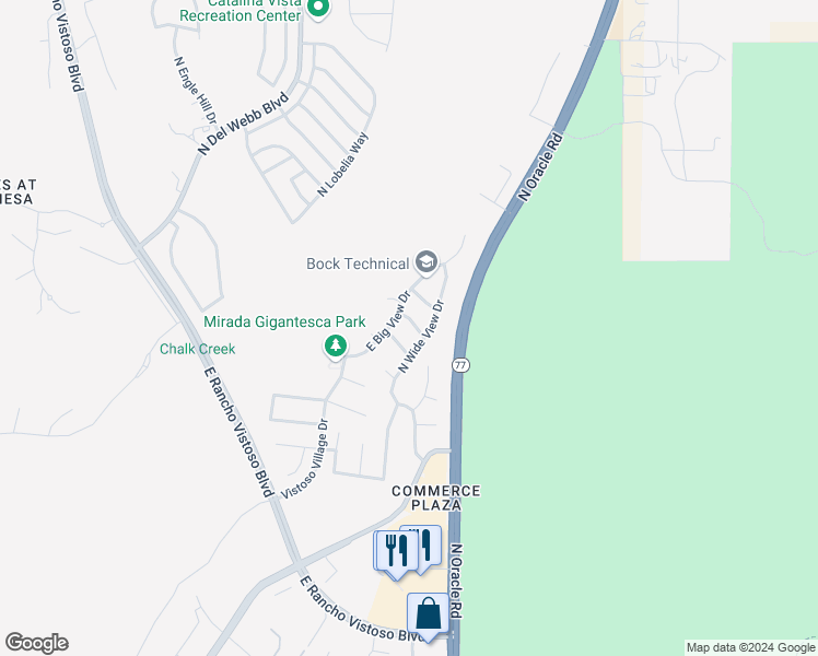 map of restaurants, bars, coffee shops, grocery stores, and more near 2514 East Petroglyph Lane in Oro Valley