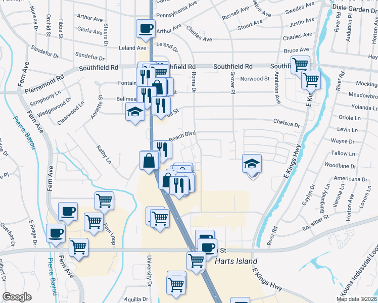 map of restaurants, bars, coffee shops, grocery stores, and more near 215 Sand Beach Boulevard in Shreveport