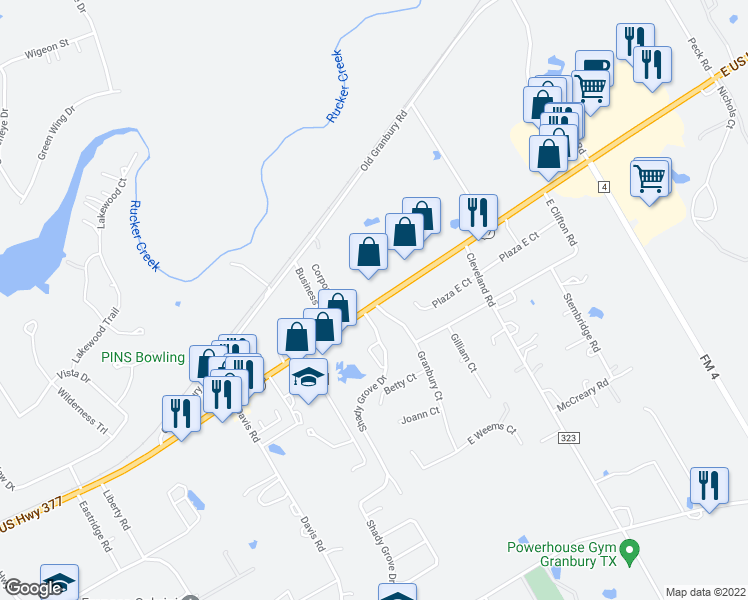 map of restaurants, bars, coffee shops, grocery stores, and more near 3100 East Highway 377 in Granbury