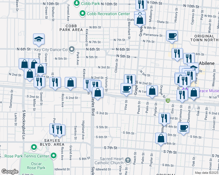 map of restaurants, bars, coffee shops, grocery stores, and more near 133 Victoria Street in Abilene