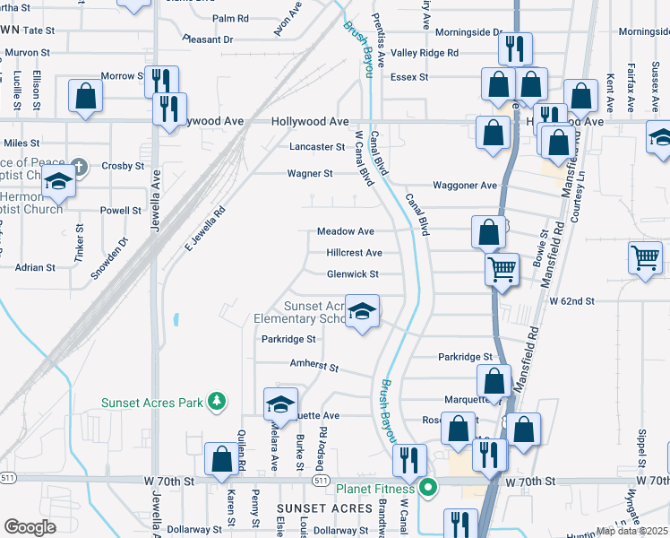 map of restaurants, bars, coffee shops, grocery stores, and more near 3012 Glenwick Street in Shreveport