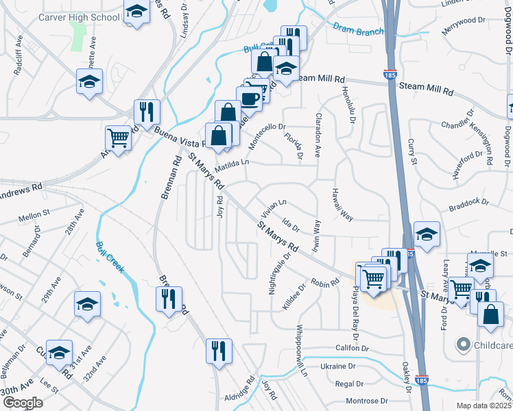 map of restaurants, bars, coffee shops, grocery stores, and more near 3528 Irwin Way in Columbus