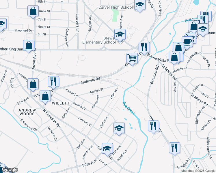 map of restaurants, bars, coffee shops, grocery stores, and more near 2538 East Central Street in Columbus