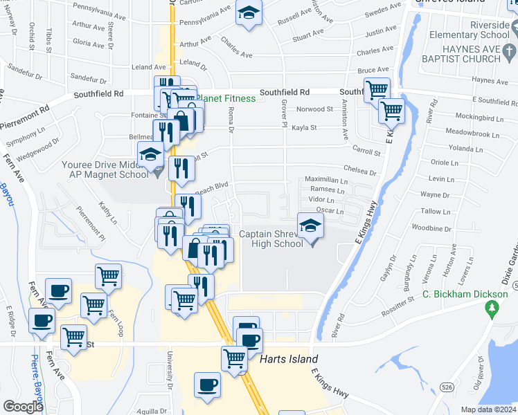 map of restaurants, bars, coffee shops, grocery stores, and more near 6051 Roma Drive in Shreveport