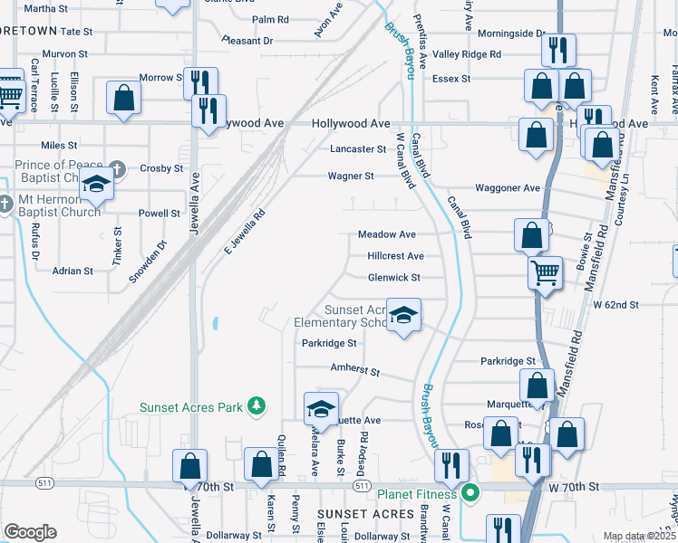 map of restaurants, bars, coffee shops, grocery stores, and more near 6304 Quilen Boulevard in Shreveport