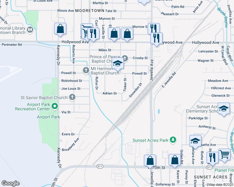 map of restaurants, bars, coffee shops, grocery stores, and more near 3910 Adrian Street in Shreveport