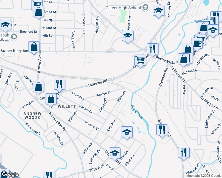 map of restaurants, bars, coffee shops, grocery stores, and more near 2502 East Central Street in Columbus