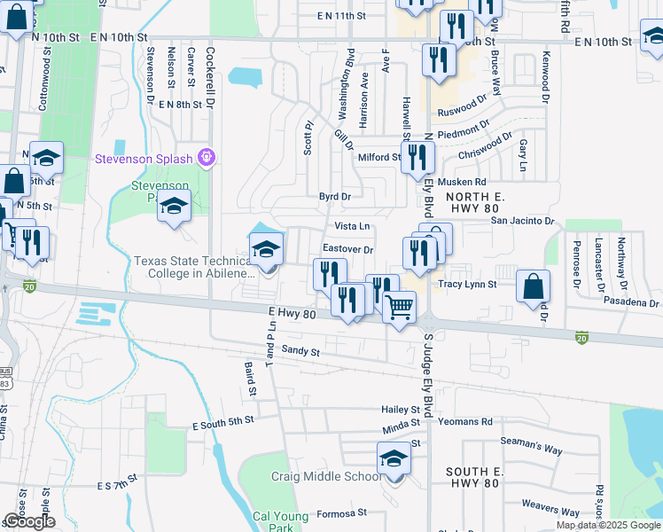 map of restaurants, bars, coffee shops, grocery stores, and more near 333 Washington Boulevard in Abilene