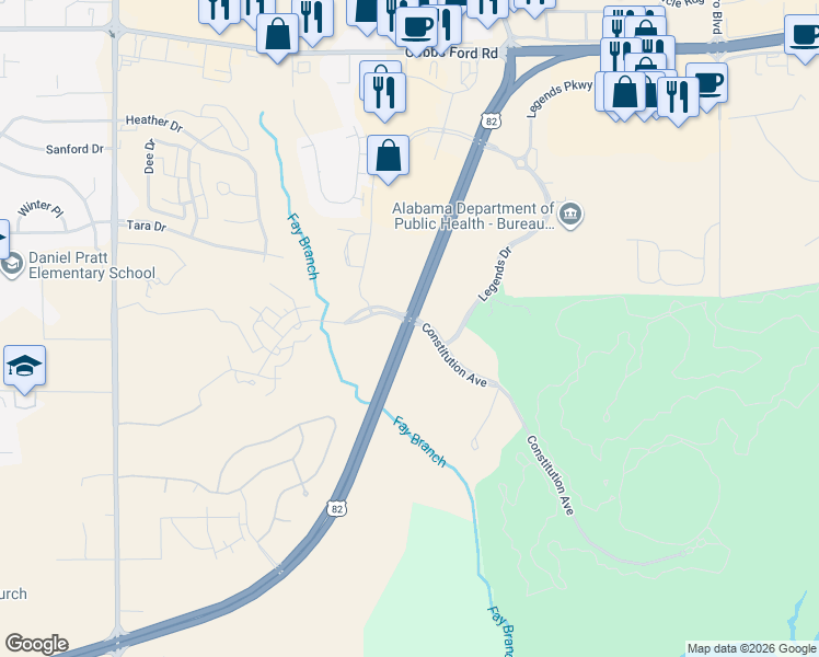 map of restaurants, bars, coffee shops, grocery stores, and more near U.S. 82 in Prattville