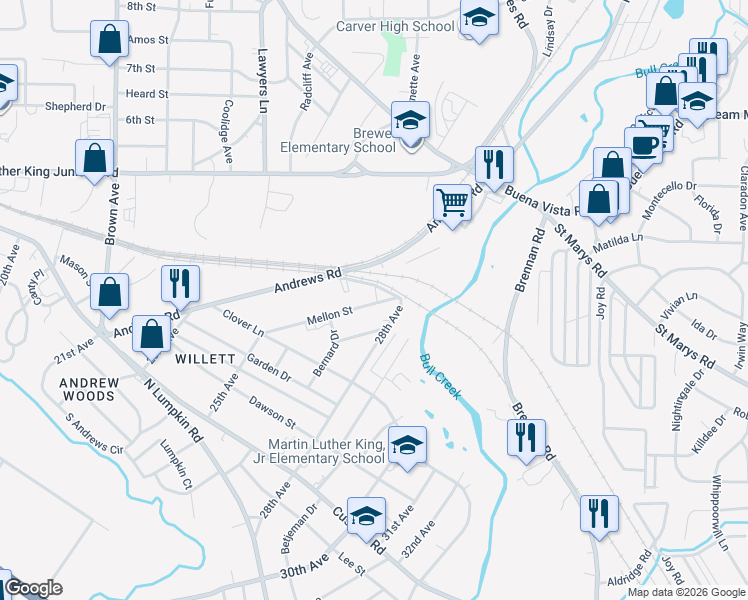 map of restaurants, bars, coffee shops, grocery stores, and more near 2538 East Central Street in Columbus